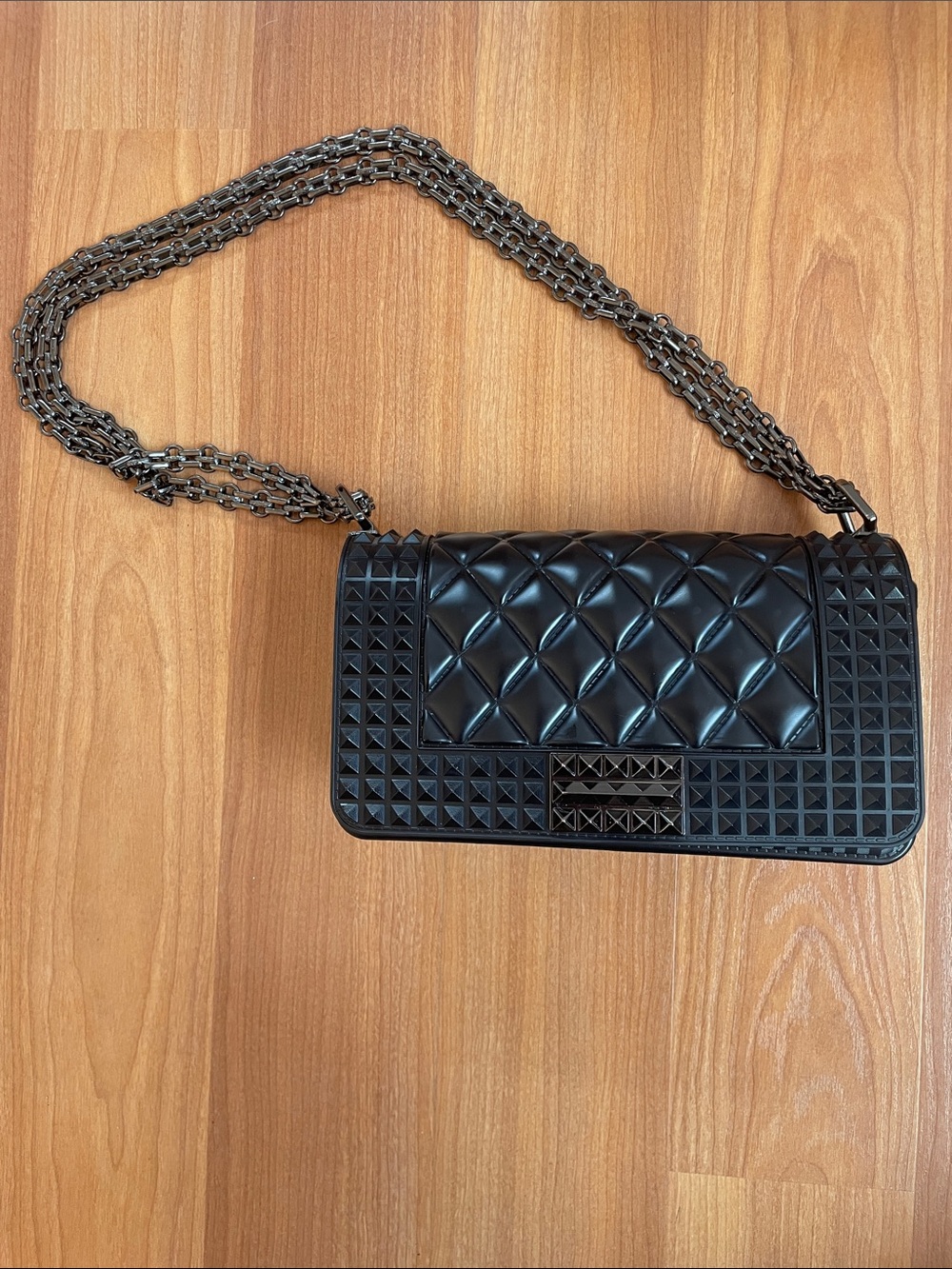 Black Quilted Studded Shoulder Bag with Chain Strap
